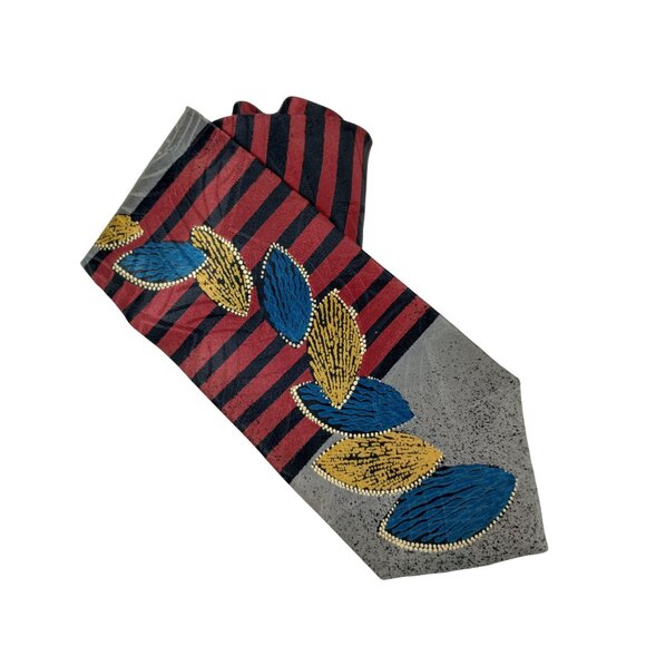 Retro Palatina Mens Vintage Silk Tie With Stripes and Geometric Leaf Patterns - Picture 1 of 6